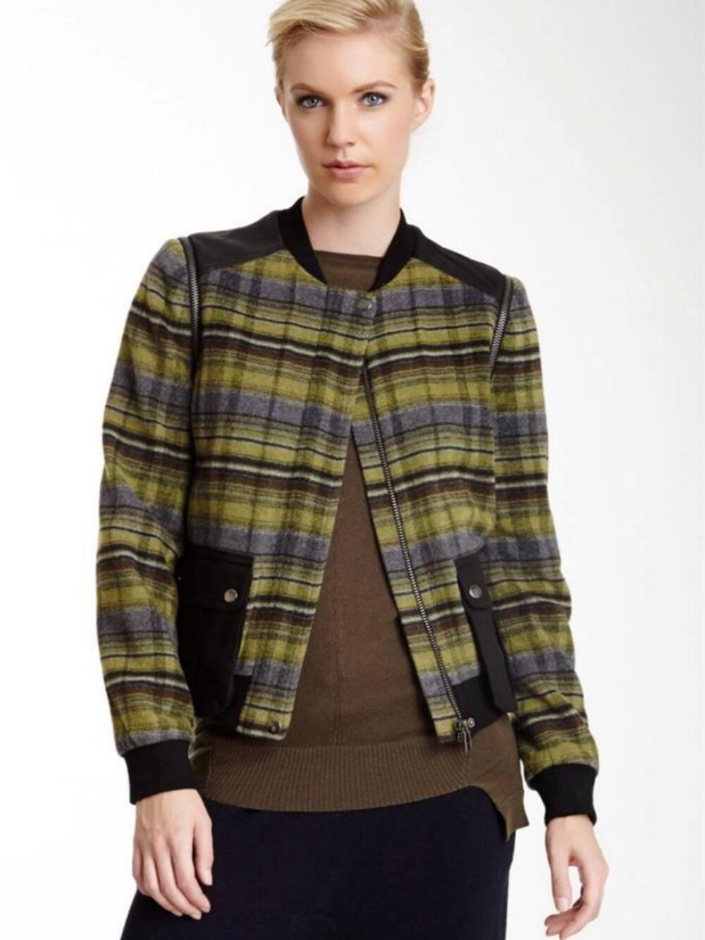 LAMB Mixed Media Plaid Bomber Removable Sleeveless Jacket Woodbine Black NEW